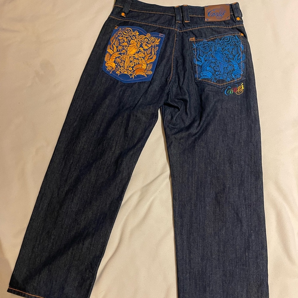 COOGI Men's Dark Blue Jeans with Vibrant Pocket Art